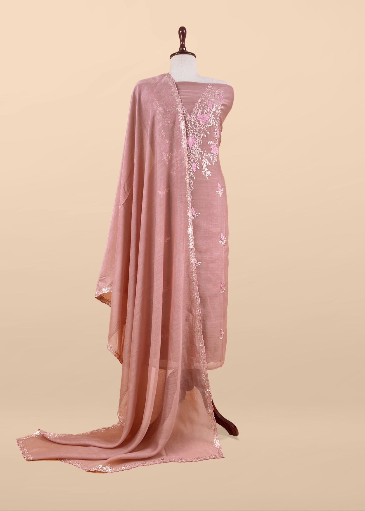 Peach Handloom Mulmul Suit With Pitta Work