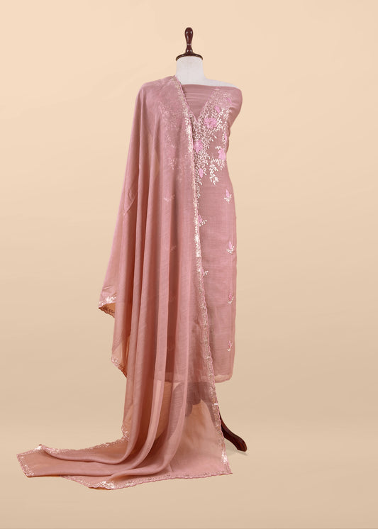 Peach Handloom Mulmul Suit With Pitta Work