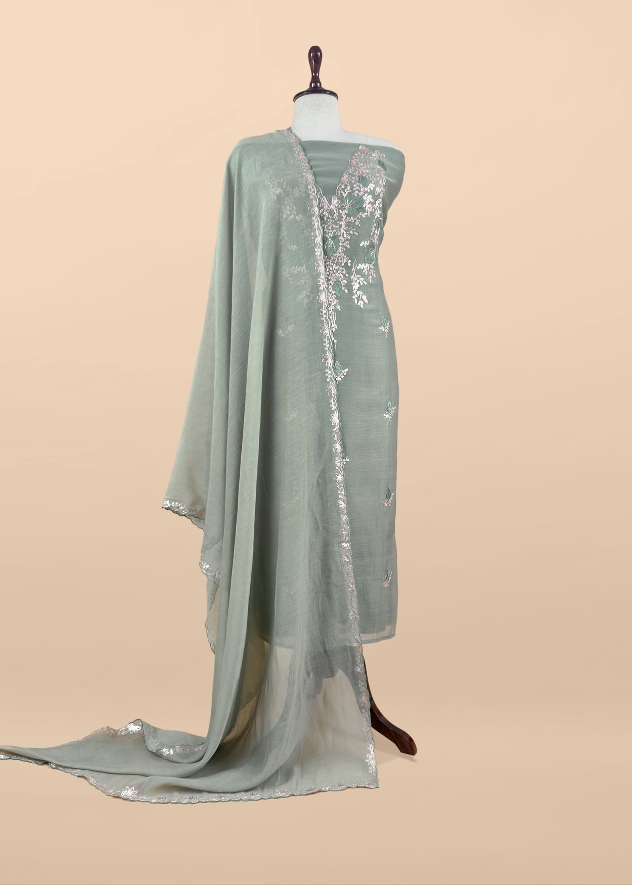 Sage Green Handloom Mulmul Suit With Pitta Work