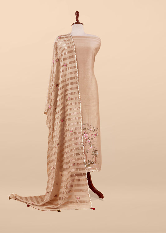Beige Handloom Mul Suit With Peacock Resham Bharwa Embroidery