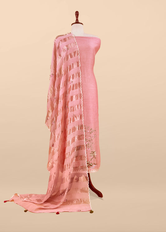 Peach Handloom Mul Suit With Peacock Resham Bharwa Embroidery