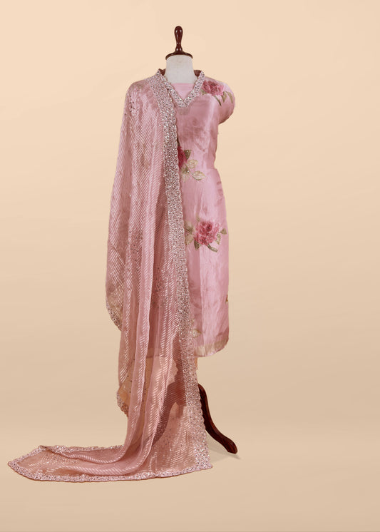 Pink Pastel Unstitched Dupatta-Suit in Handloom Tissue-Silk with Pearl and Sequins