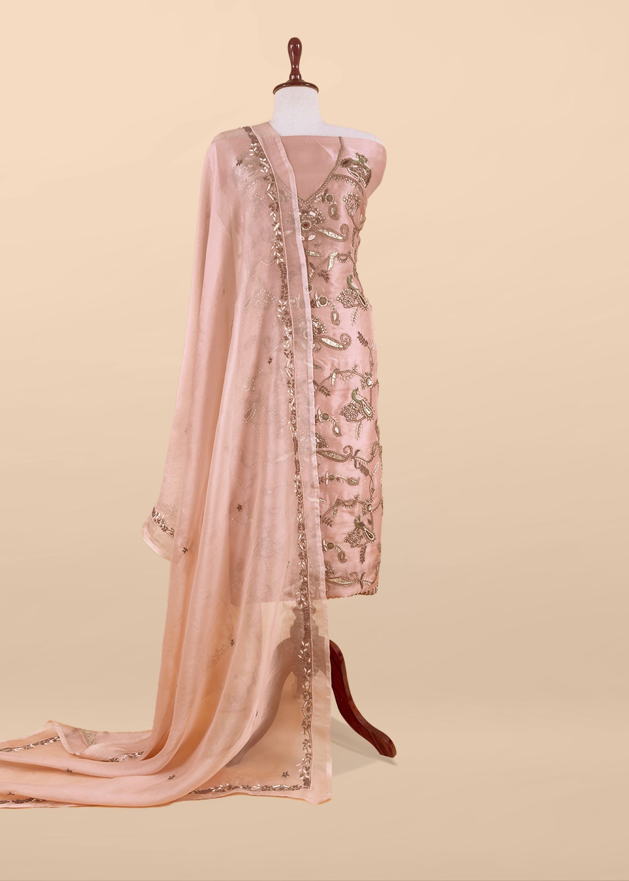 Luxe Baby Pink Handloom Kora Silk Unstitched Suit Fabric With Antique Dabka Dori Hand Embroidery