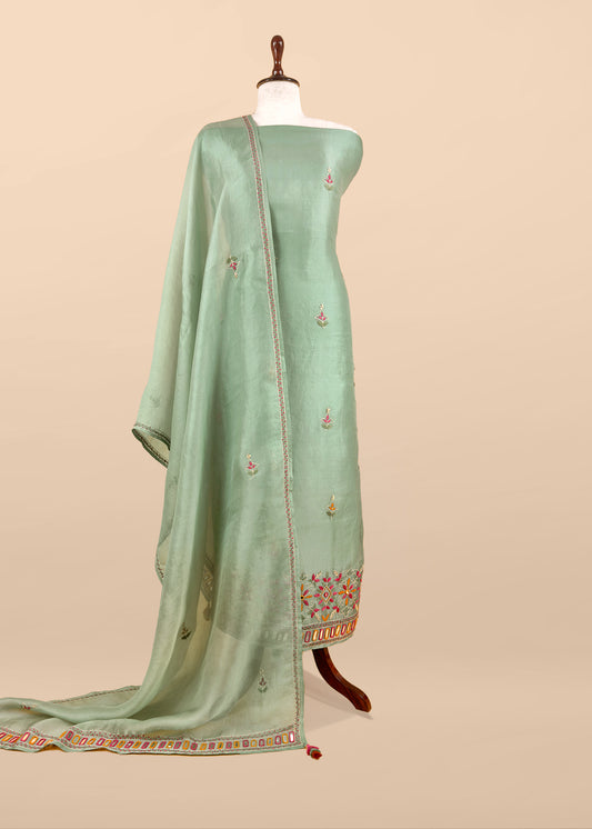 Soft Seagreen Handloom Kora Silk Suit With Mirrors And Kantha Handwork