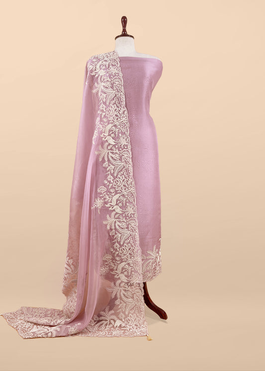 Kalasheel Luxe Lavender Handloom Organza Suit With Garden French Embroidery