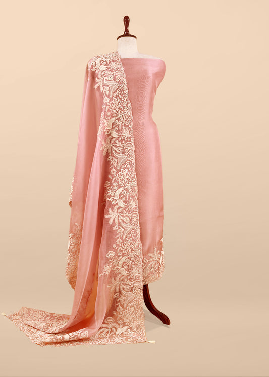 Kalasheel Luxe Peach Handloom Organza Suit With Garden French Embroidery
