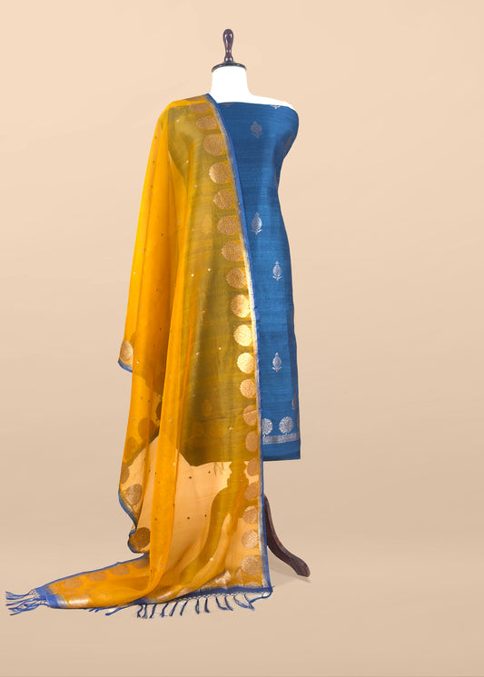Blue and yellow Handloom Raw Silk Suit With Kora Silk Dupatta