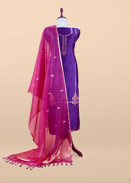 Purple Handloom Silk Kurta And Kora Silk Dupatta With Kadwa Weaving