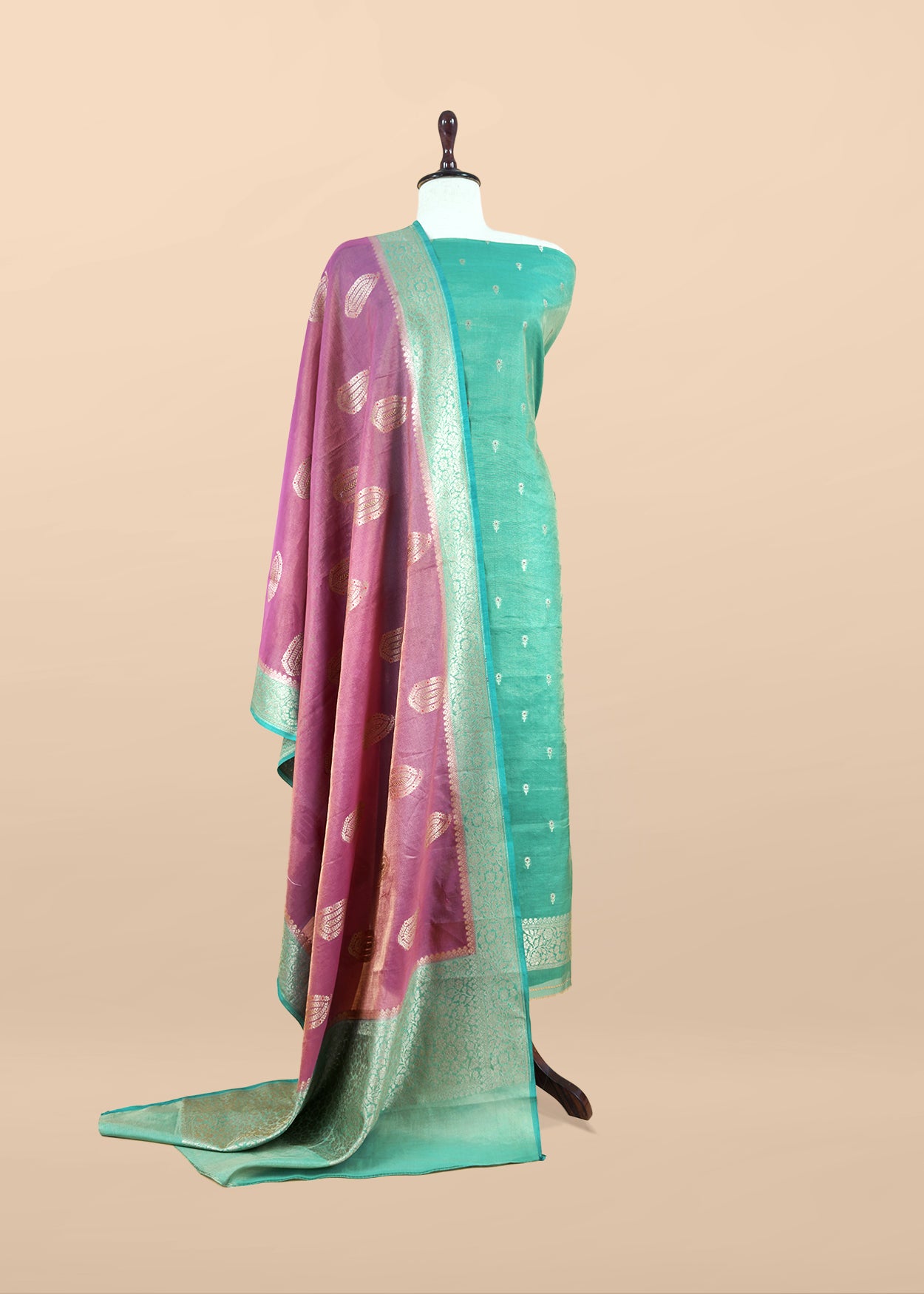 Dynasty Green Handloom Tiissue Silk Suit With Meenakari Kadwa Weaving