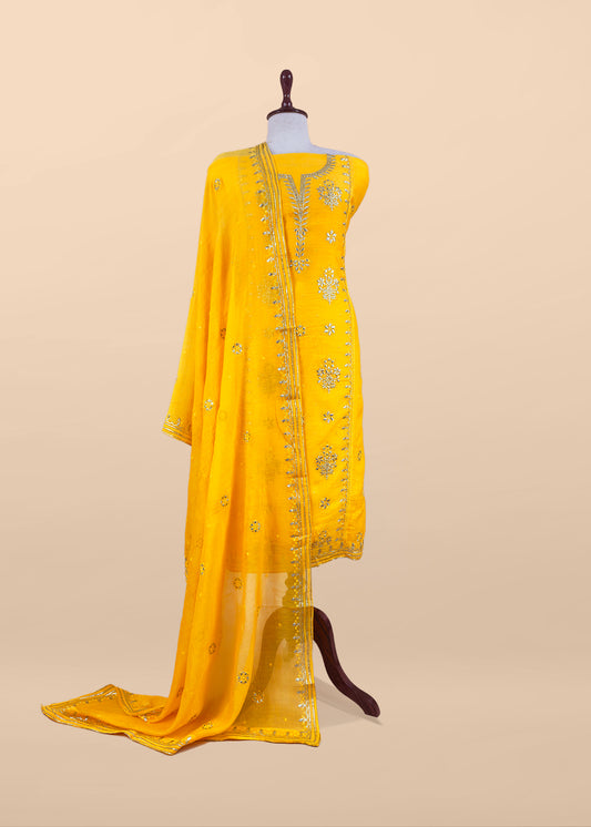 Yellow Handloom Mul Chanderi Suit With Gold Pitta Hand Work And Embroidery