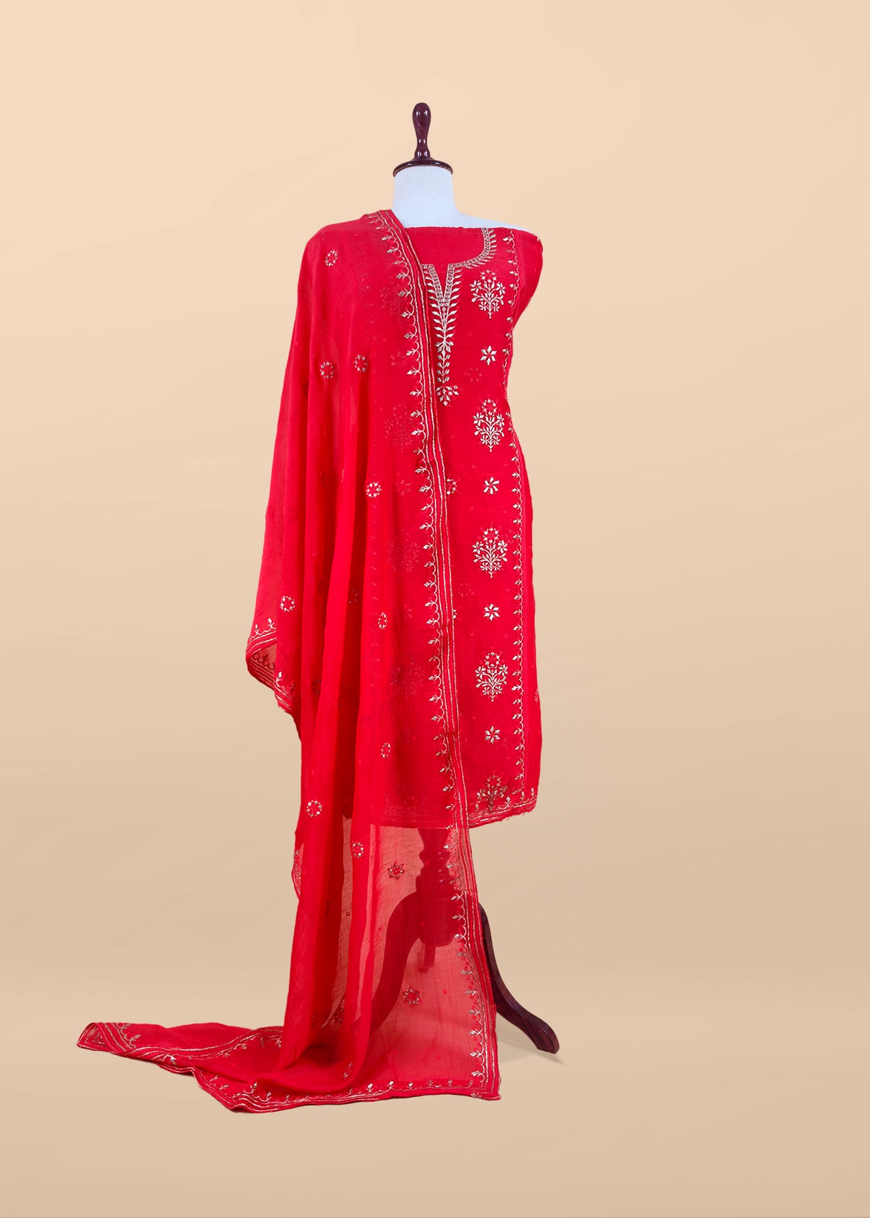 Red Handloom Mul Chanderi Suit With Gold Pitta Hand Work And Embroidery