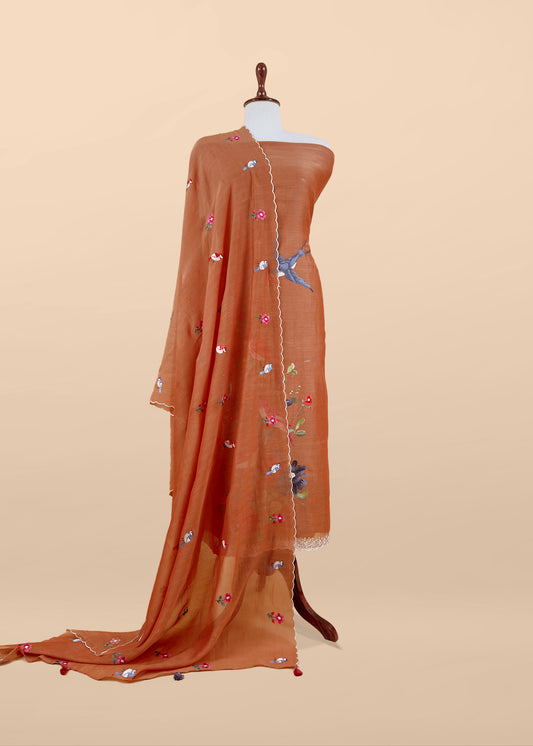 Brown Pure Mul Cotton Chidiya Embroidered Suit With Dupatta