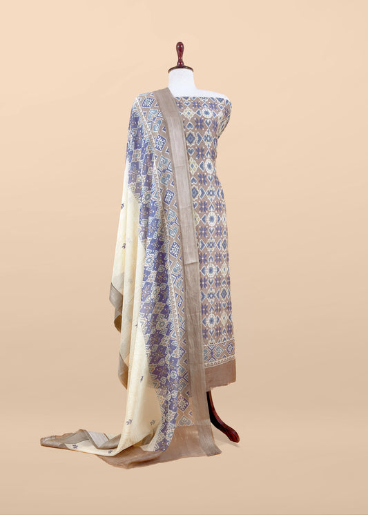 Soft Brown With Blue Handloom Patola Unstitched Suit In Mulmul