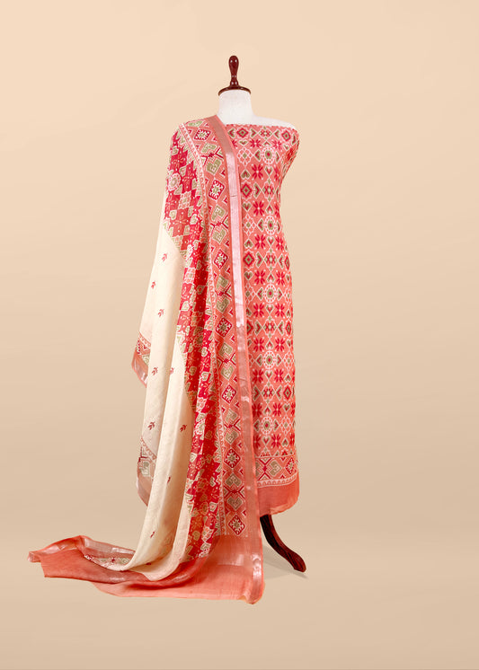 Orange With Red Handloom Patola Unstitched Suit In Mulmul