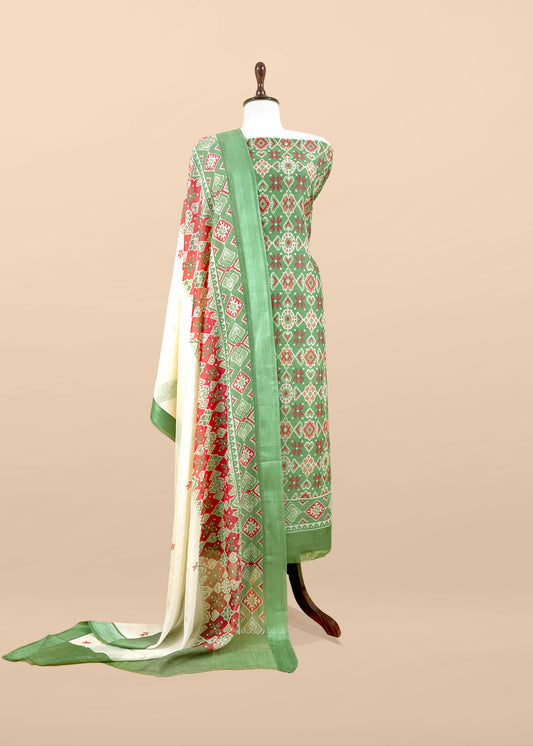 Green With Red Handloom Patola Unstitched Suit In Maheshwari Silk