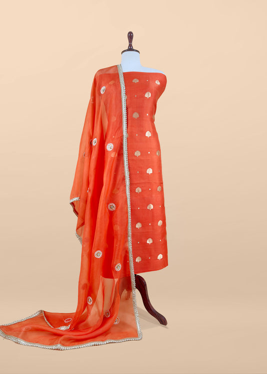 Luxe Tangerine Handloom Silk Kurta and Kora silk dupatta with Handwork