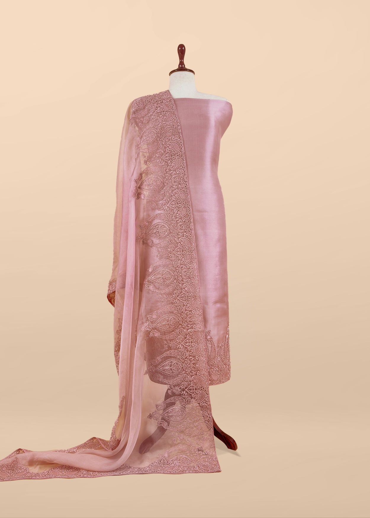Blush Peach Kalasheel Luxe Handloom Organza Suit With Garden French Embroidery