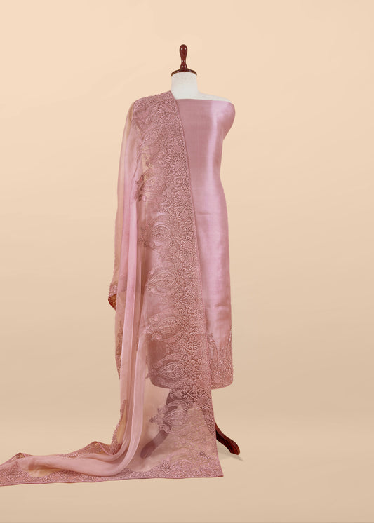 Blush Peach Kalasheel Luxe Handloom Organza Suit With Garden French Embroidery
