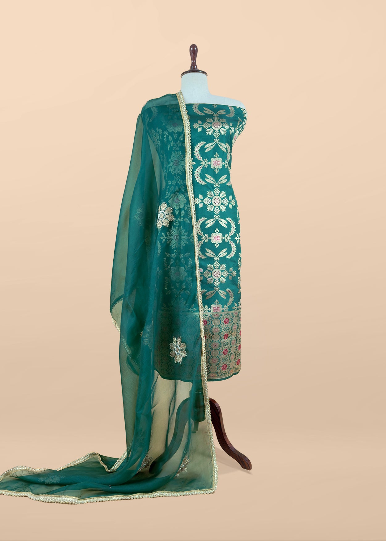 Luxe Bottle Green Handloom Silk Kurta and Kora Silk Dupatta With Handwork