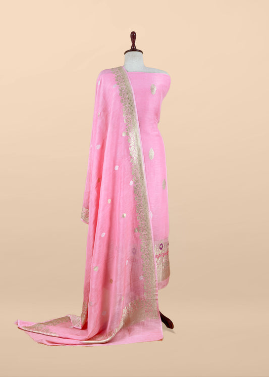 Pink Handloom Linen Silk With Kadwa Weaves