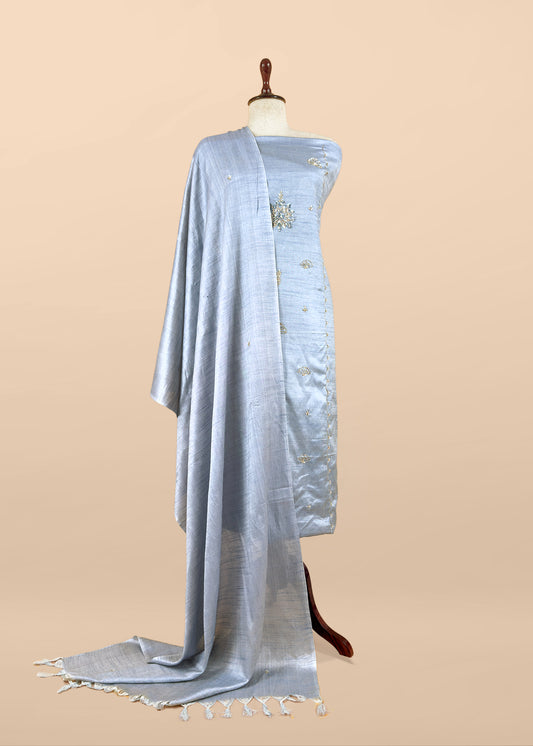 Steel Blue Art Tussar Suit With Cutdana And Sequin Handwork