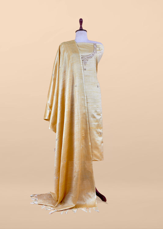 Golden Yellow Art Tussar Suit With Cutdana And Sequin Handwork