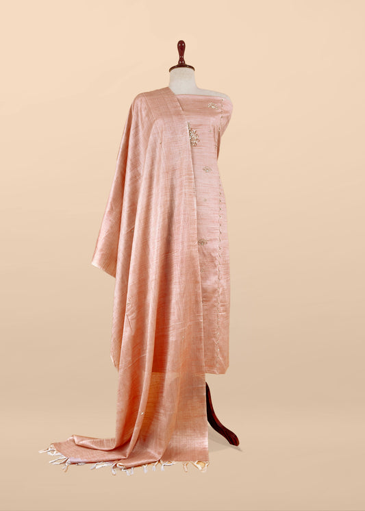 Peach Art Tussar Suit With Cutdana And Sequin Handwork