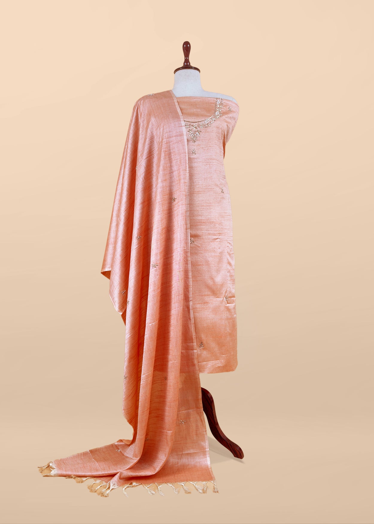 Light Orange Art Tussar Suit With Cutdana And Sequin Handwork