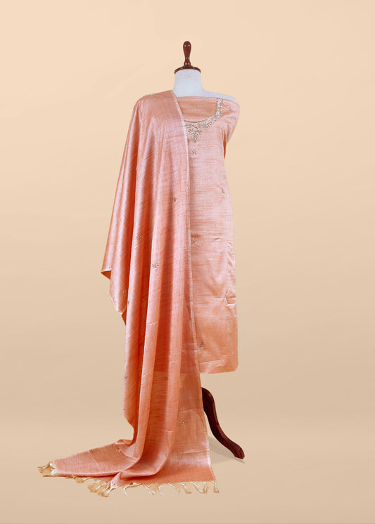 Light Orange Art Tussar Suit With Cutdana And Sequin Handwork