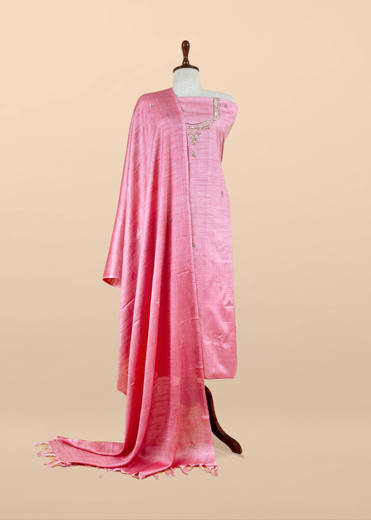 Pink Art Tussar Suit With Cutdana And Sequin Handwork