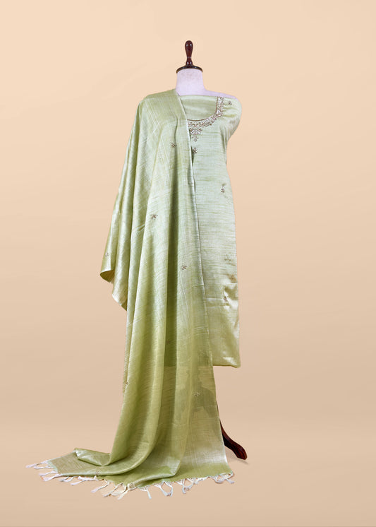 Pastel Green Art Tussar Suit With Cutdana And Sequin Handwork