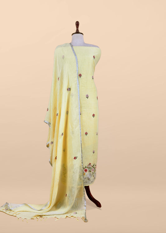 Lemon Yellow Presenting Our Pure Linen Unstitched Dupatta-Suit From Kalasheel’s The Little Garden Collection 🕊️