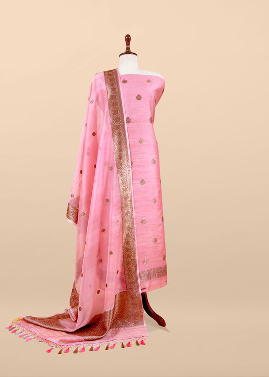 Light Pink Handloom Raw Silk Kurta And Kora Silk Dupatta With Gold Kadwa Weaving