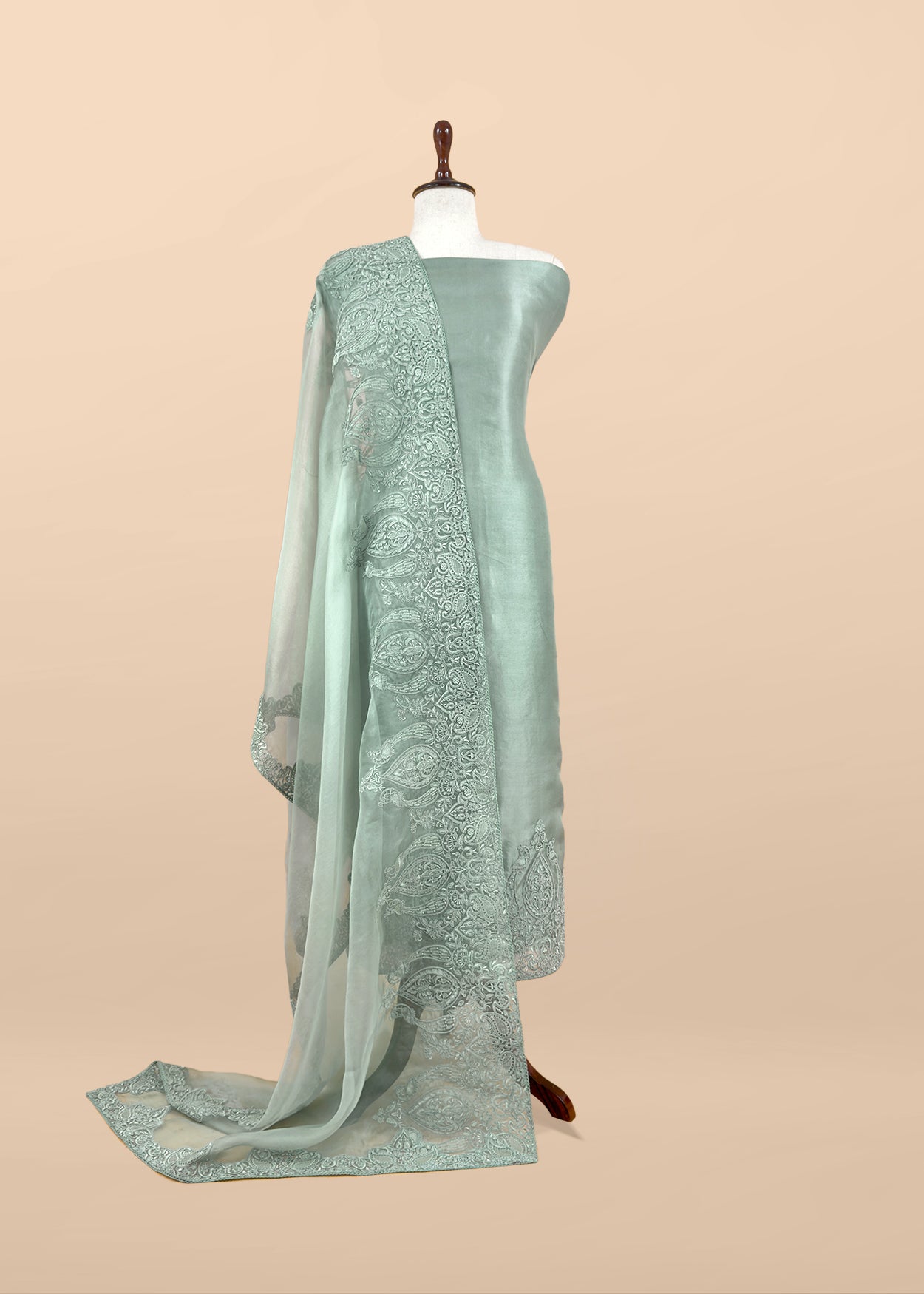 Mint Green Kalasheel Luxe Handloom Organza Suit With Garden French Embroidery