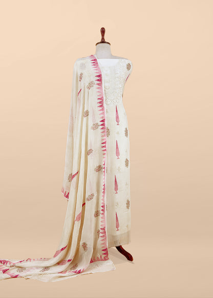 White With Pink Handloom Georgette Suit With Thread Embroidery