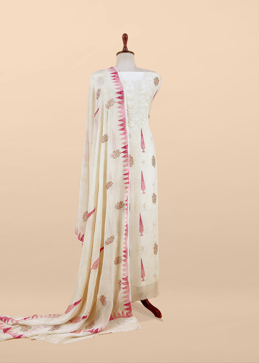 White With Pink Handloom Georgette Suit With Thread Embroidery