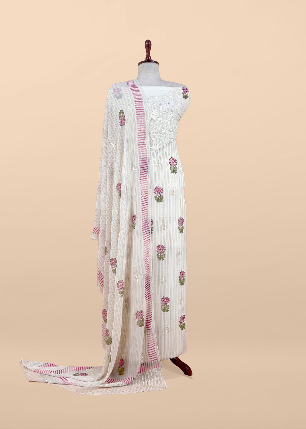 White With Pink Handloom Georgette Suit With Thread Embroidery