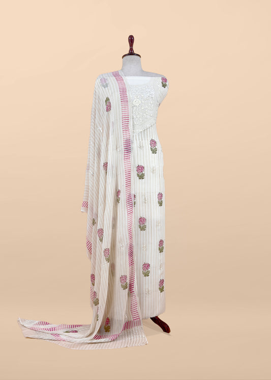 White With Pink Handloom Georgette Suit With Thread Embroidery