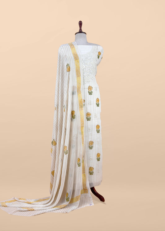 White With Yellow Handloom Georgette Suit With Thread Embroidery