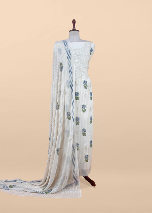 White With Blue Handloom Georgette Suit With Thread Embroidery