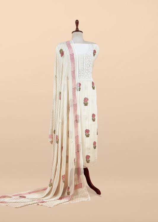 White With Pink Handloom Georgette Suit With Thread Embroidery