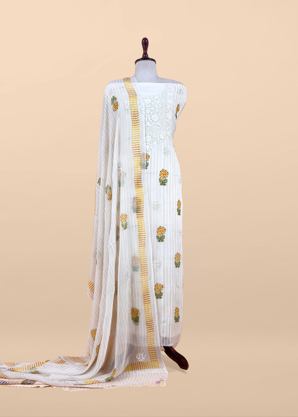 White With Blue Handloom Georgette Suit With Thread Embroidery