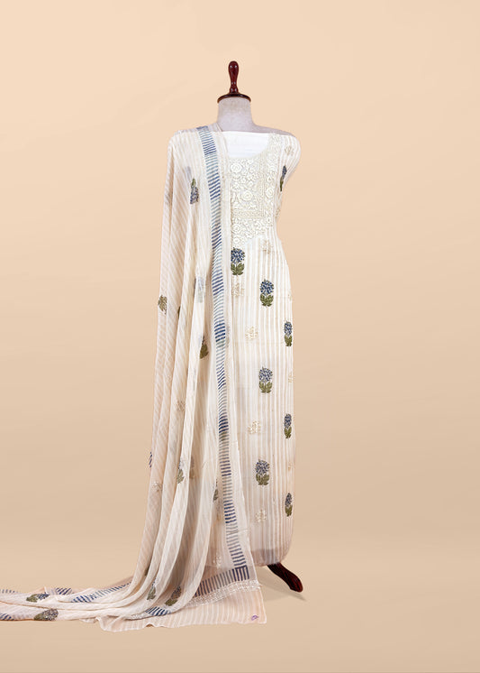 White With Blue Handloom Georgette Suit With Thread Embroidery