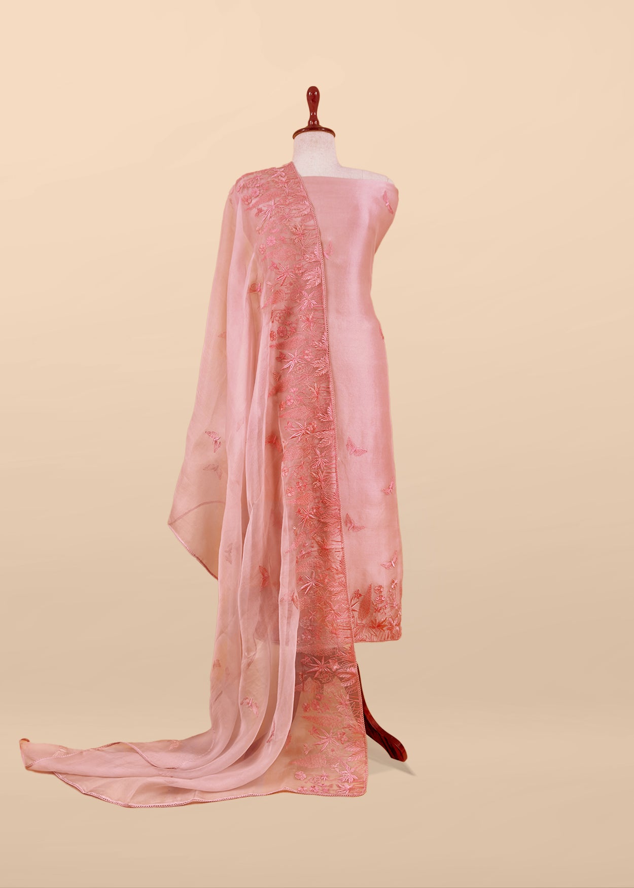 Baby Pink Luxe Swamp Green Pure Kora Silk Suit With Palm Trees Embroidery