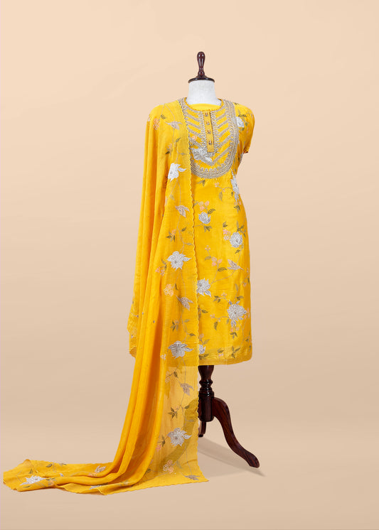 Mango Yellow Pure Silk Suit with Floral Embroidery and Handwork
