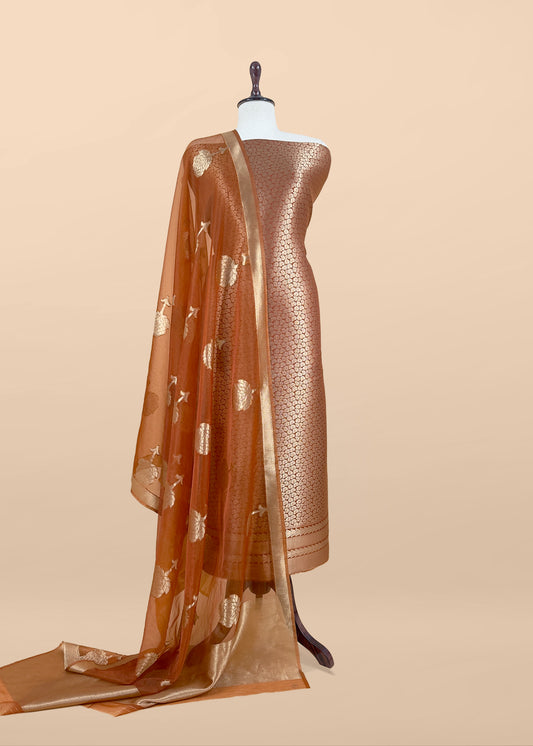 Rust  Designer Pure Brocade silk kurta and organza dupatta