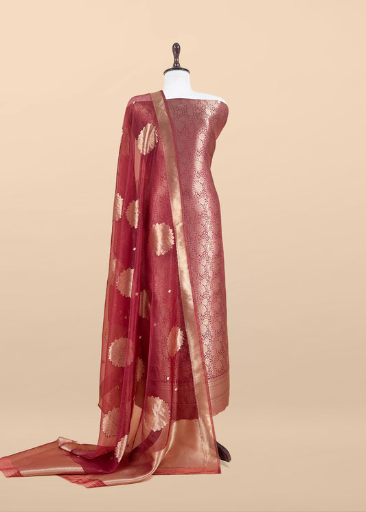 Red Designer Pure Brocade silk kurta and organza dupatta