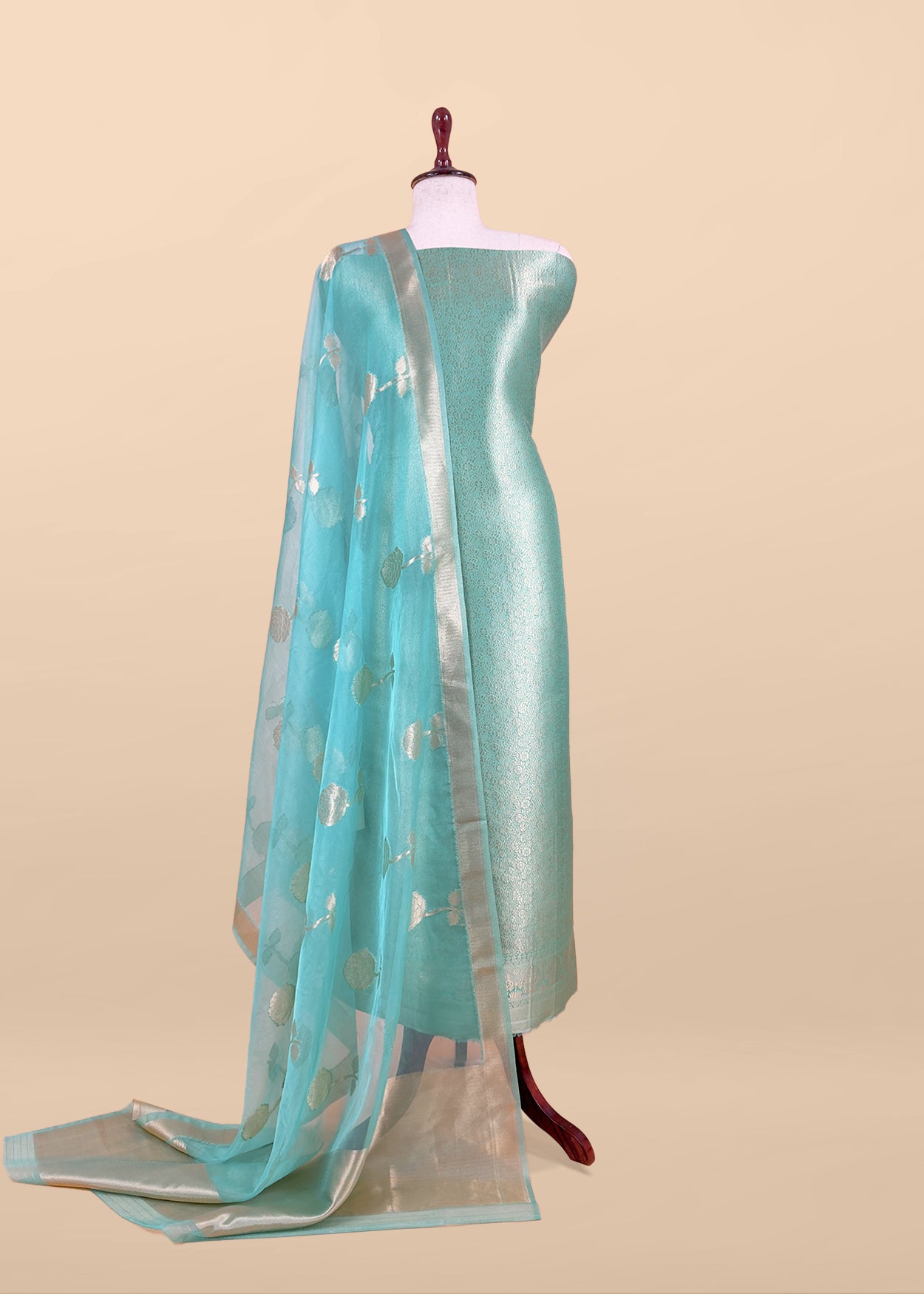 Sky Blue Designer Pure Brocade Silk Kurta and Organza Dupatta