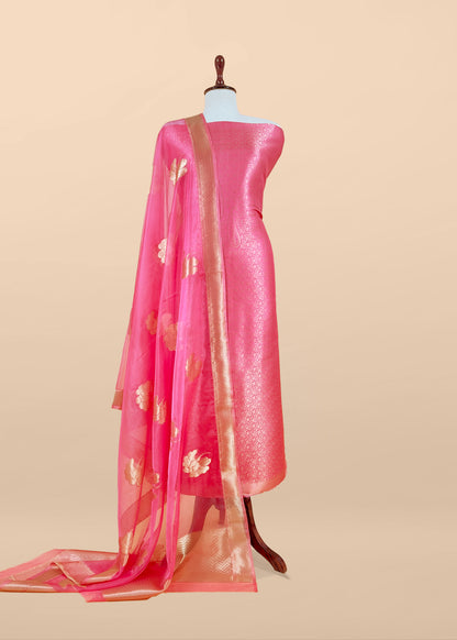 Pink Designer Pure Brocade Silk Kurta and Organza Dupatta
