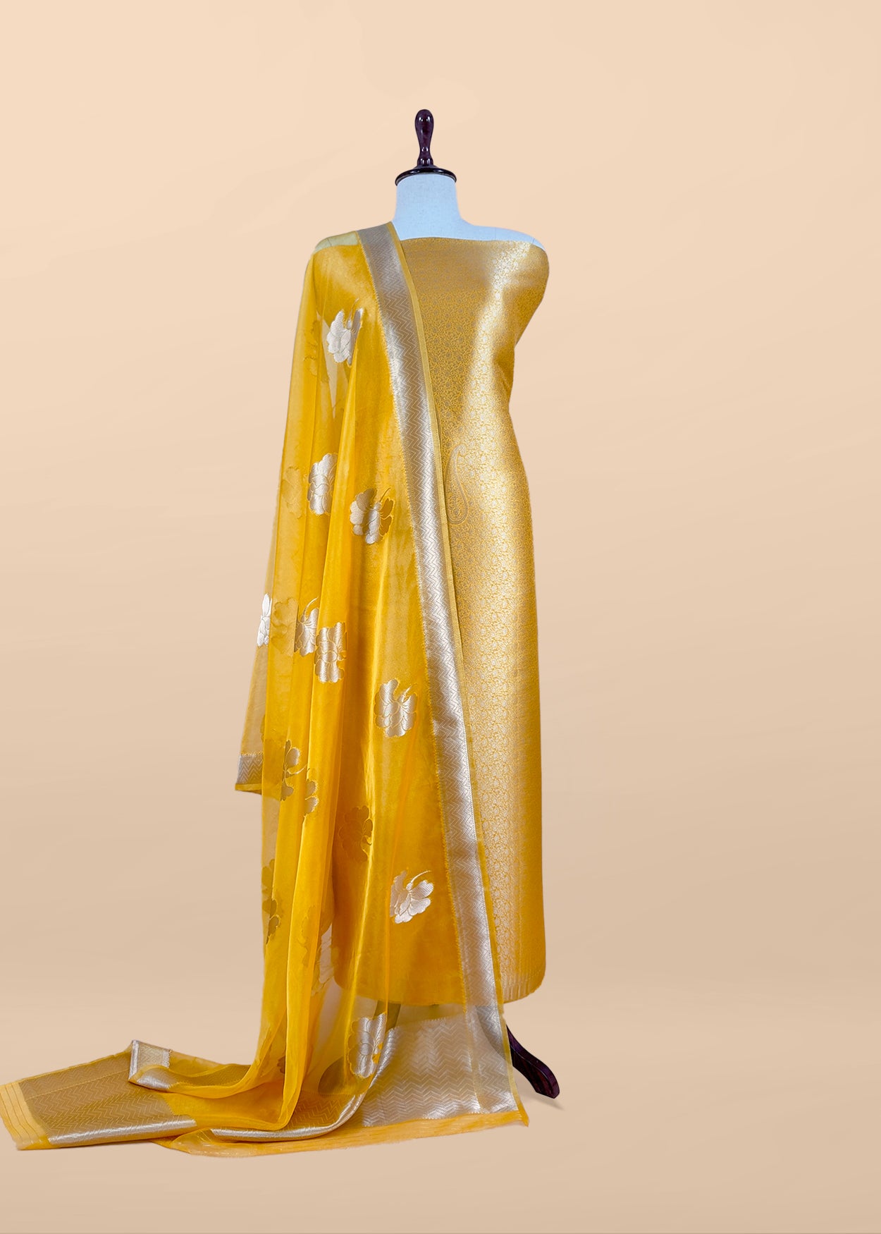 Yellow Designer Pure Brocade Silk Kurta and Organza Dupatta